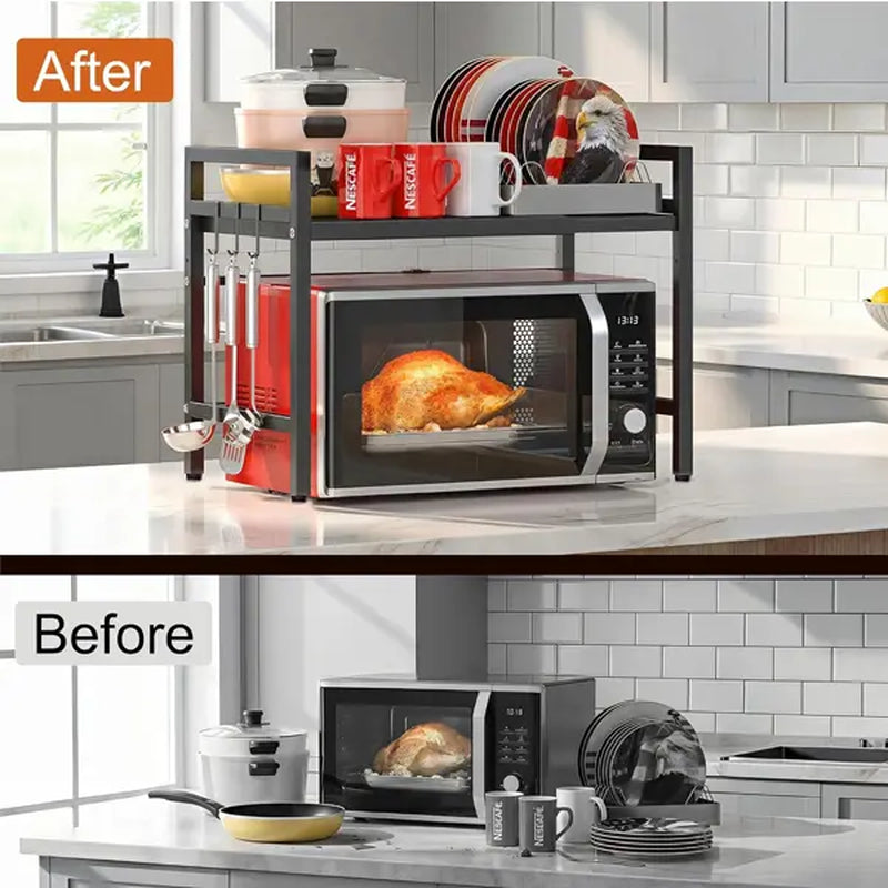 Microwave Rack, Extendable Storage Rack, Double-Layer Kitchen Utensil/Dish Storage for Countertops, Kitchen Organizer Rack