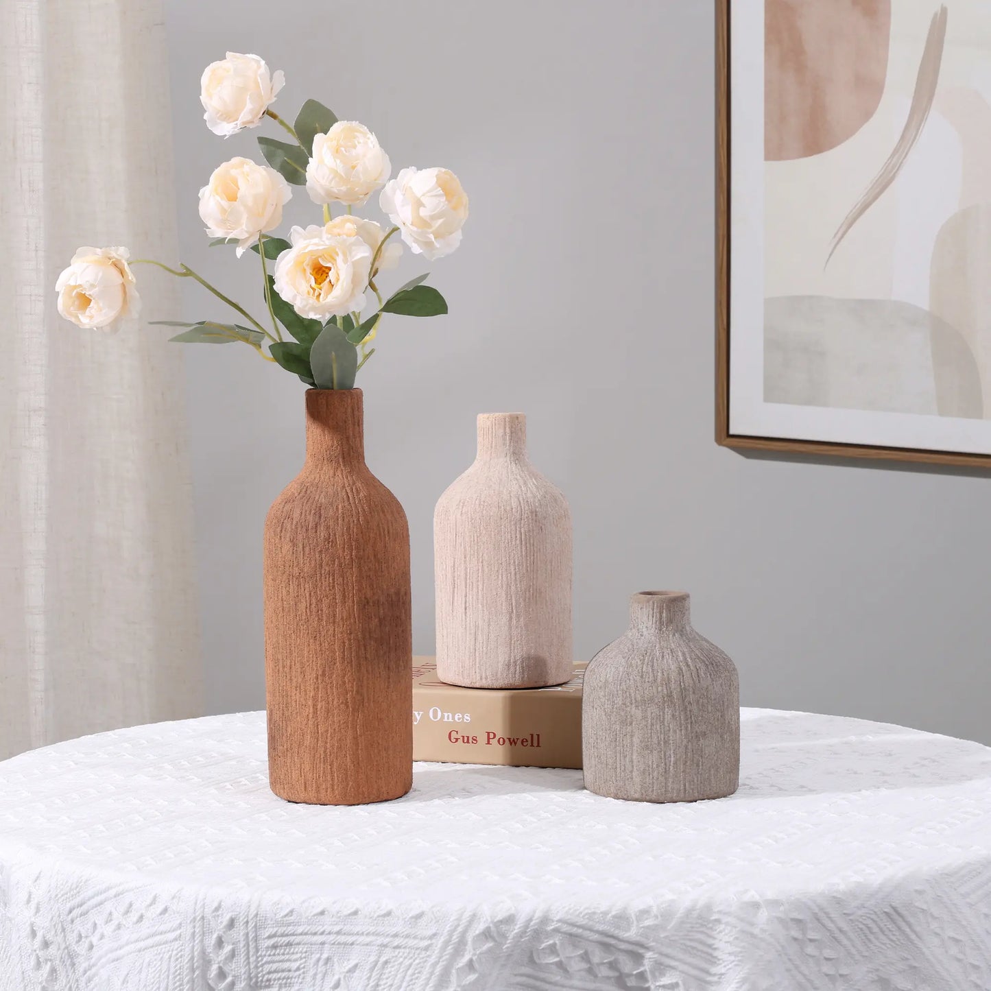 Ivydale Ceramic Vase Set, 3Pcs Flower Vases for Modern Boho Farmhouse Decor, Decorative Vases for Pampas Grass & Dried Flowers, Distressed Finish