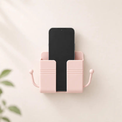Pink-Self-Adhesive Wall-Mounted Phone Holder & Remote Control Organizer — No-Drill, Multifunctional Wall Storage Rack. Ideal for Bedrooms, Bathrooms, and Kitchens; Holds Mobile Phones (Including While Charging), TV/AC Remotes, Glasses, and Keys.