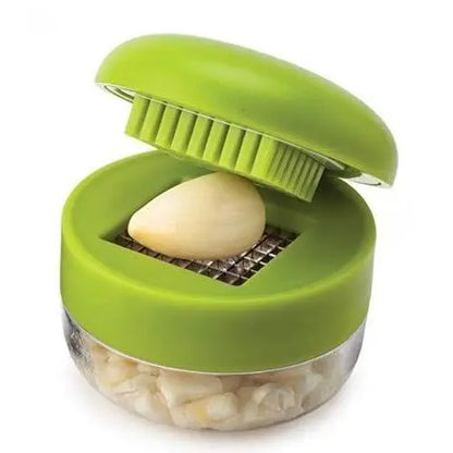 Mini Garlic Chopper and Press with Container, Manual Garlic Mincer Crusher Cutter Grinder, Stainless Steel Blades, Handheld Garlic Slicer Dicer Zoom Tool – Green