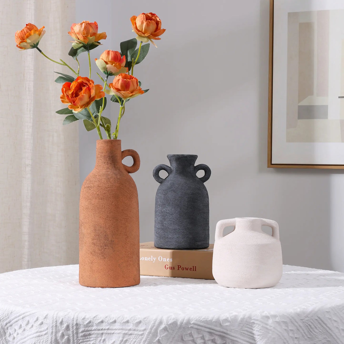 Ivydale Ceramic Vase Set, 3Pcs Flower Vases for Modern Boho Farmhouse Decor, Decorative Vases for Pampas Grass & Dried Flowers, Distressed Finish