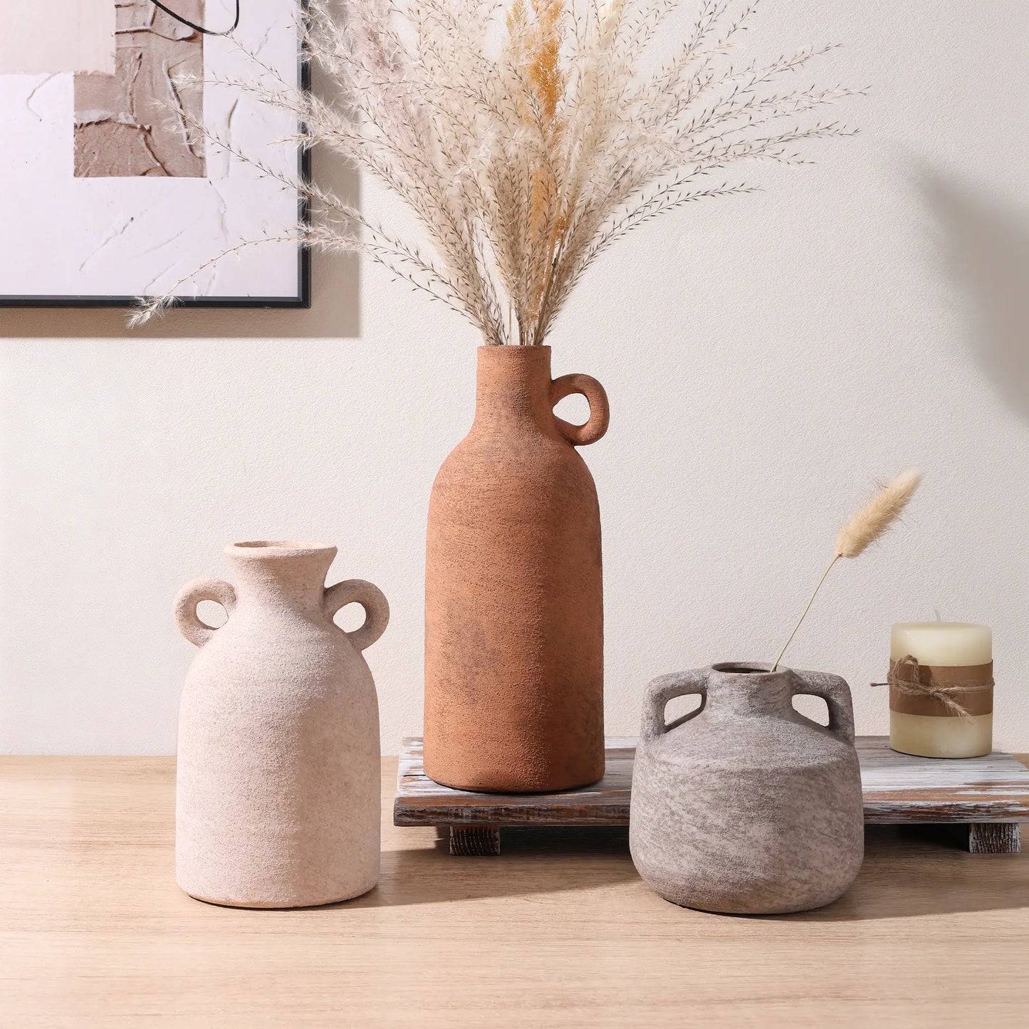 Ivydale Ceramic Vase Set, 3Pcs Flower Vases for Modern Boho Farmhouse Decor, Decorative Vases for Pampas Grass & Dried Flowers, Distressed Finish