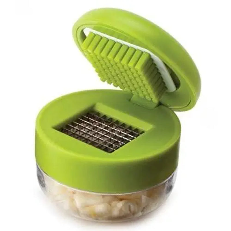 Mini Garlic Chopper and Press with Container, Manual Garlic Mincer Crusher Cutter Grinder, Stainless Steel Blades, Handheld Garlic Slicer Dicer Zoom Tool – Green