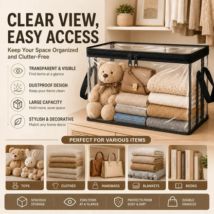 【Fathersdaygift】Stuffed Animal Storage Box with Handle, Clear PVC Plush Toy Organizer Bin for Kids Room & Playroom, Dustproof Foldable Doll Storage Container, Large Capacity Home Storage Basket for Bedroom, Nursery & Gift Use Summerwins