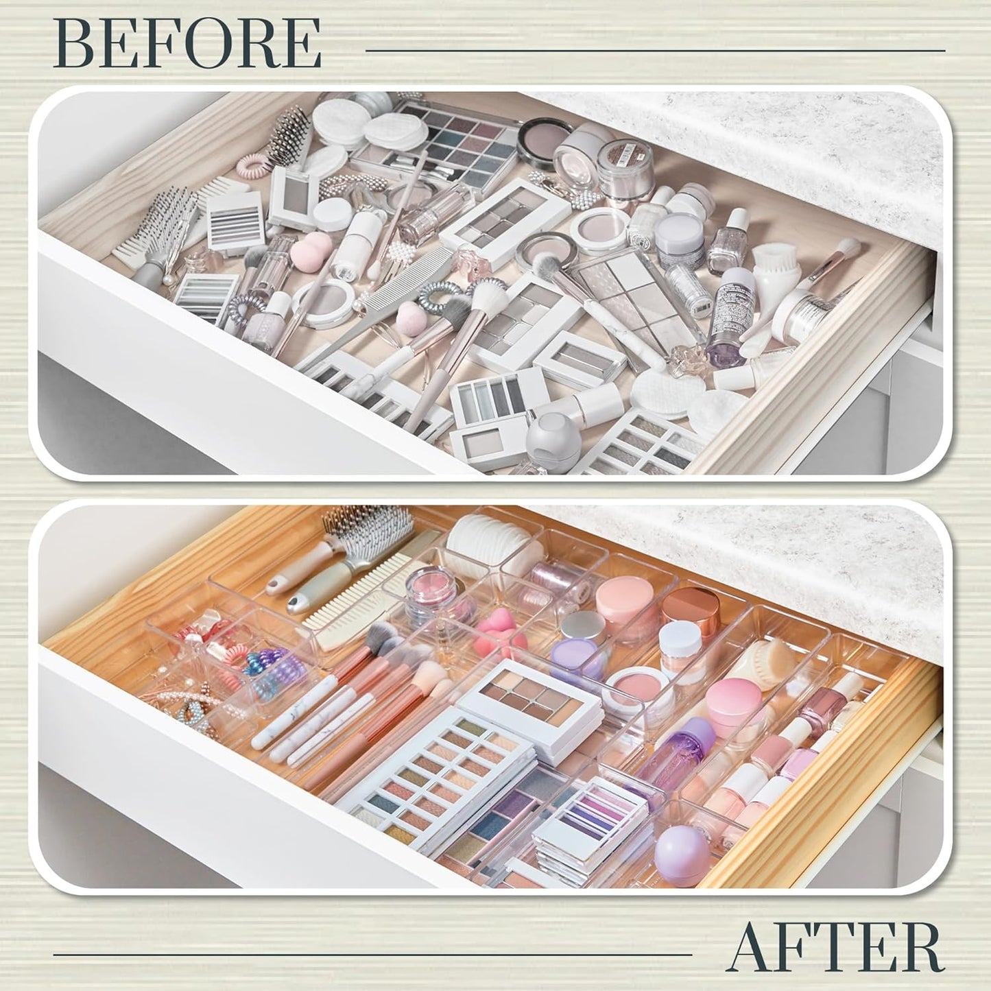Simplesort 18-Piece Stackable Clear Drawer Organizer Set | Multi-Size Trays | Makeup Vanity Storage Bins and Office Desk Drawer Dividers | Made in USA